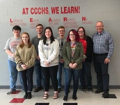 Students in the $500 Club-  (front row) Bree Williamson, Alexis Hershman, Sara Dove;
(back row) George Gannon, Bryson Goines, Slade Barnes, Destinee Lain, and Terry Harnden (instructor).