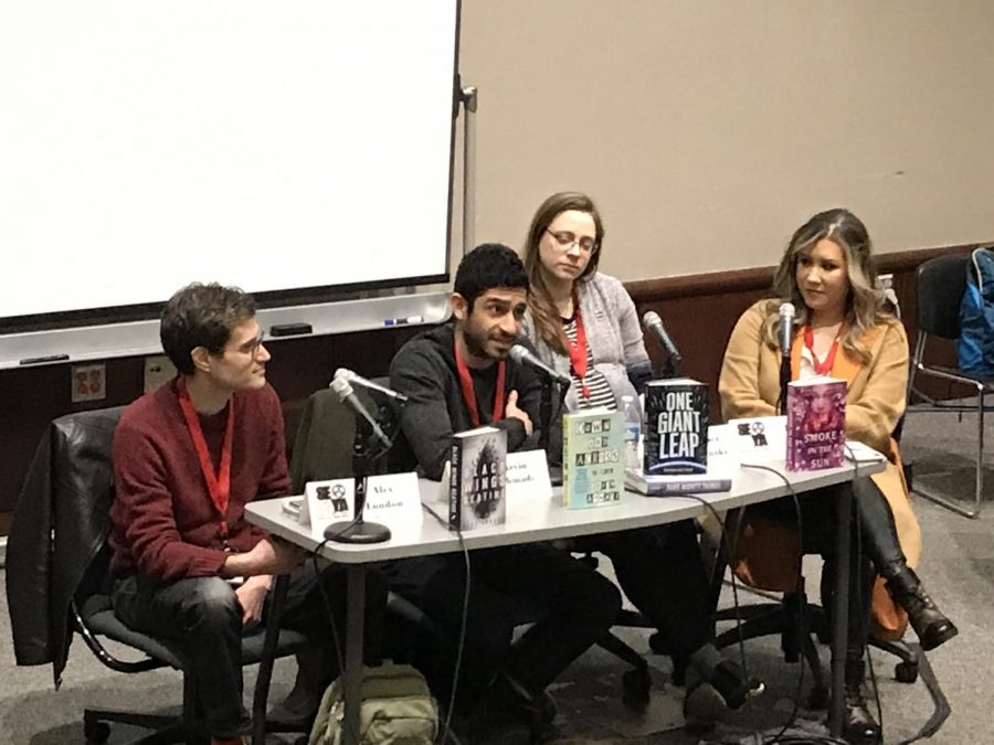 One panel of authors seen by CCHS group. From left to right: Alex London, Arvin Ahmadi, Heather Kaczynski, and Renee Ahdieh