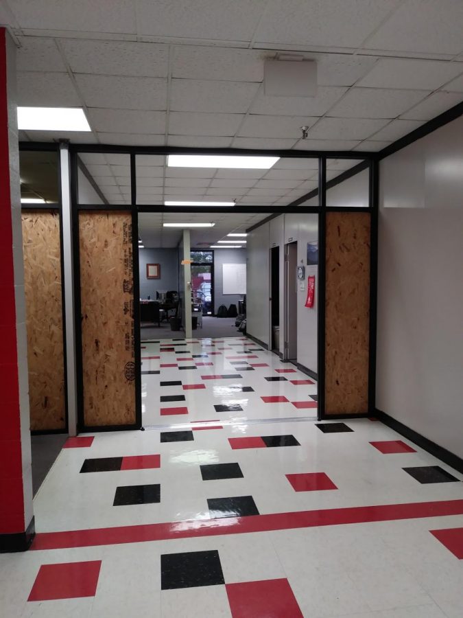 The History department doors, in the process of being installed.