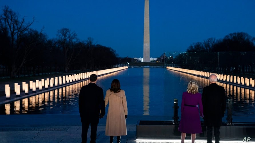 Vice-President Elect Kamala Harris (Center-left) and husband Doug Emhoff (Outer-left) with President-Elect Joe Biden (outer-right) and wife Jill Biden (center-right) at the reflection pond.