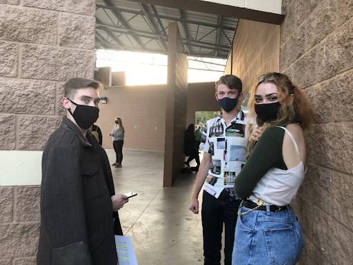 From left to right: Dale Hoffman, Tanner Maccagnone, and Cassidy Rose in a masked rehearsal of Taming of the Shrew. 