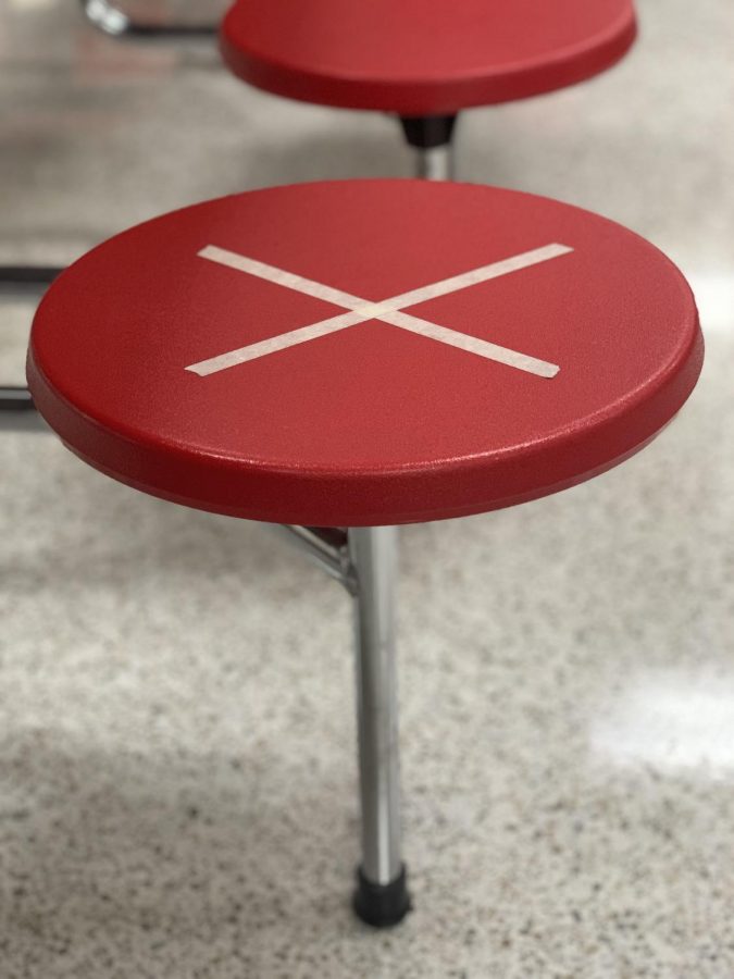 Social distancing markers were put into our cafeteria to separate groups of students.