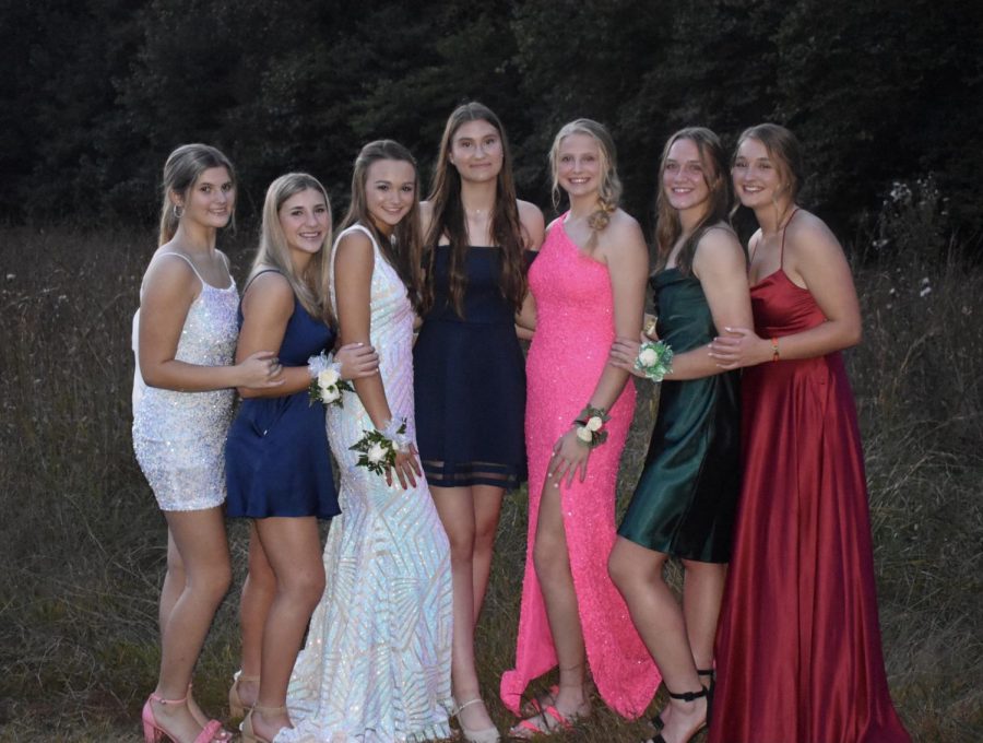 Nikki Graham, Jalie Ruehling, Jayda Right, Anna Sauer, Kiya Ferrell, Elli Chumley, and Lucy Riddle pose for a picture before the homecoming dance.