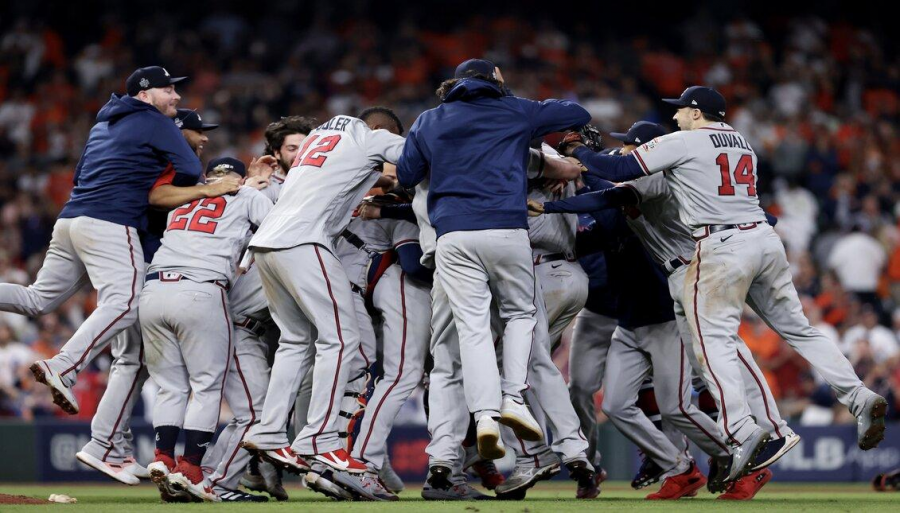 The+Atlanta+Braves+celebrate+their+first+World+Series+win+since+1995.