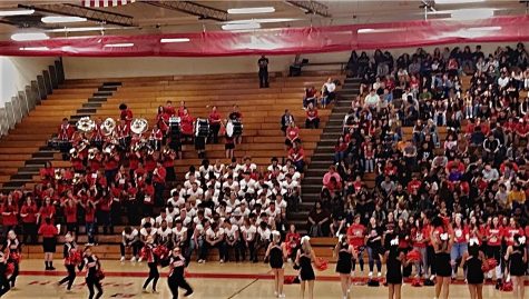 At a pep rally before the annual Coffee Pot, the cheerleaders, Raiderette dance team, and CCCHS band get the students at CCCHS hyped up before the big game against their rivals, the Tullahoma Wildcats.