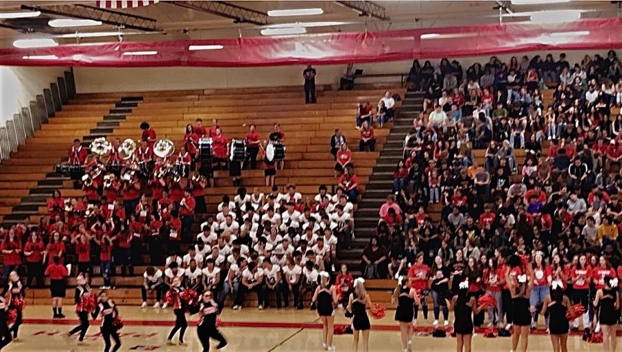 At+a+pep+rally+before+the+annual+Coffee+Pot%2C+the+cheerleaders%2C+Raiderette+dance+team%2C+and+CCCHS+band+get+the+students+at+CCCHS+hyped+up+before+the+big+game+against+their+rivals%2C+the+Tullahoma+Wildcats.