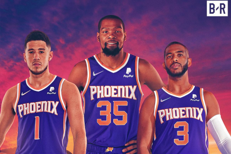 Pictured are the Phoenix Suns new big three: Devin Booker (left), Kevin Durant (middle), and Chris Paul (right).